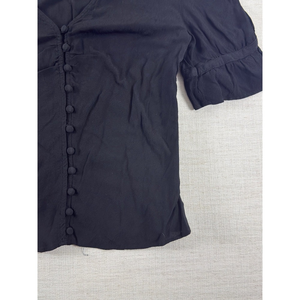 Madewell Blouse Womens 2 Black V Neck Button Front Puff Sleeve Ruffle Top - Picture 4 of 10